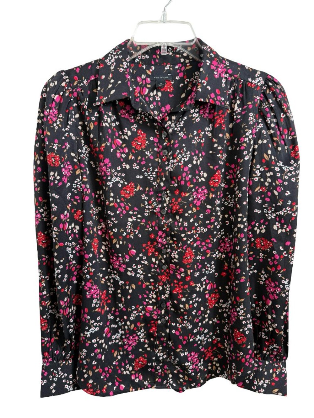 Ann Taylor Button Up Top XS Black Pink Ditsy Floral Puff Sleeve Workwear Classy